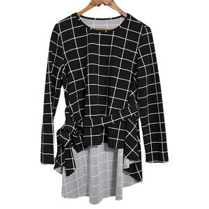 Women's Black White Window Pane Plaid High Low Long Sleeve Belted Blouse Large